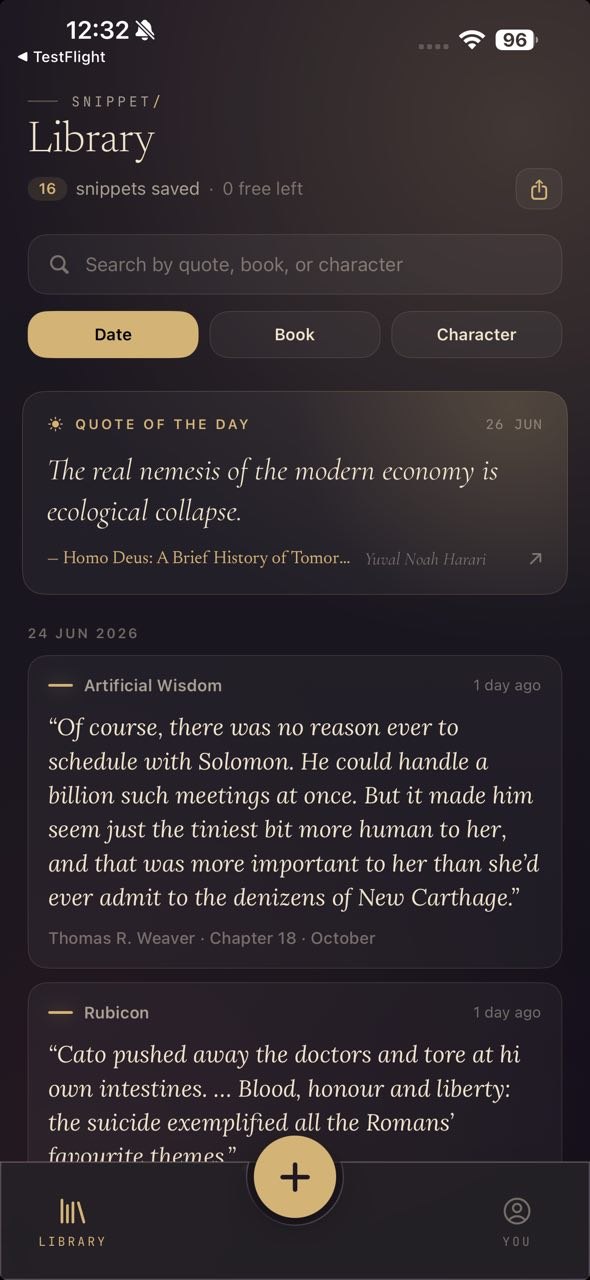 Snippet populated TestFlight library showing saved quotes, search, filters, and quote of the day.