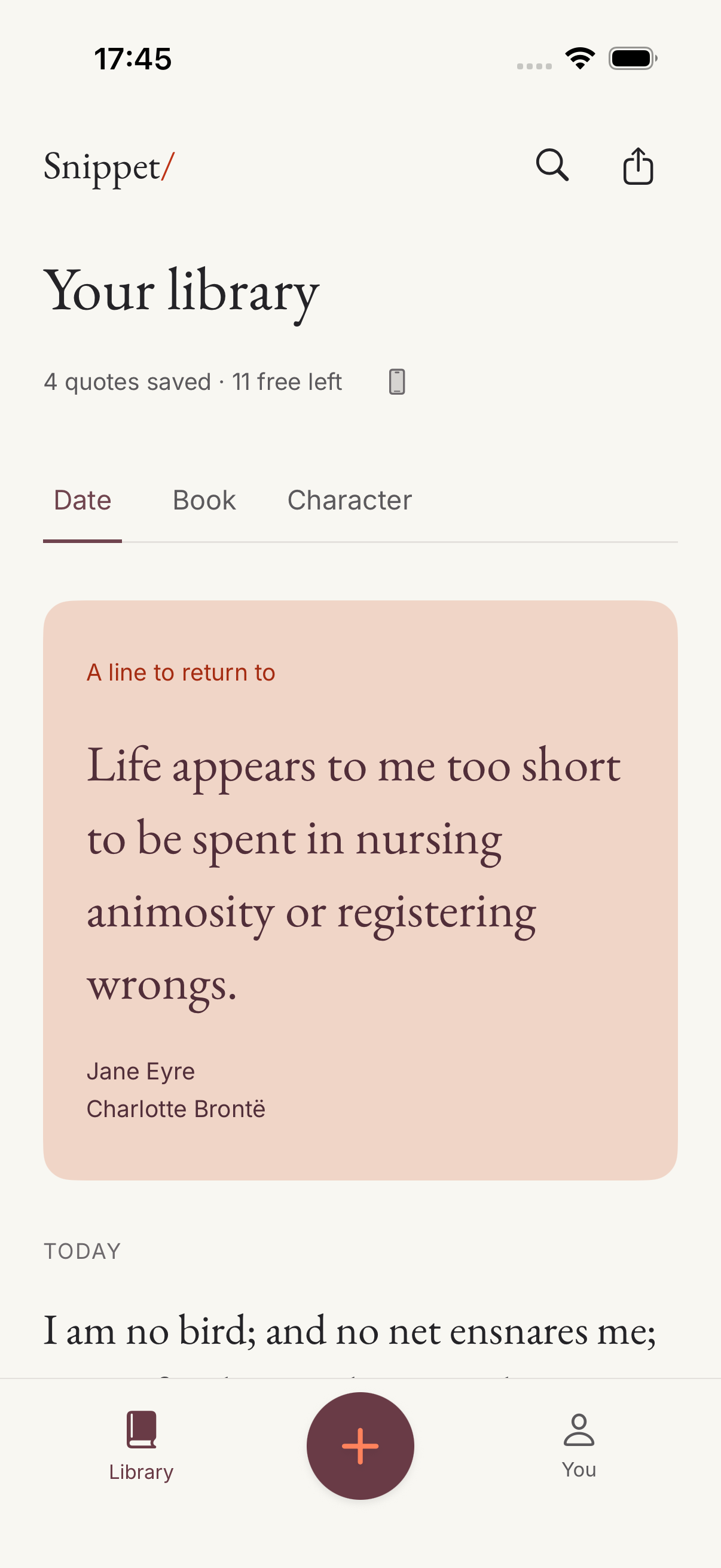 Snippet’s iPhone library, with a Jane Eyre passage on an apricot card and an aubergine Add button.