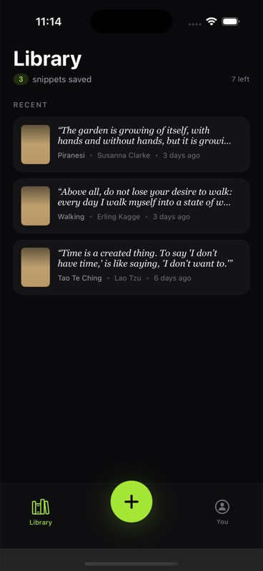 Snippet library screen with saved quotes