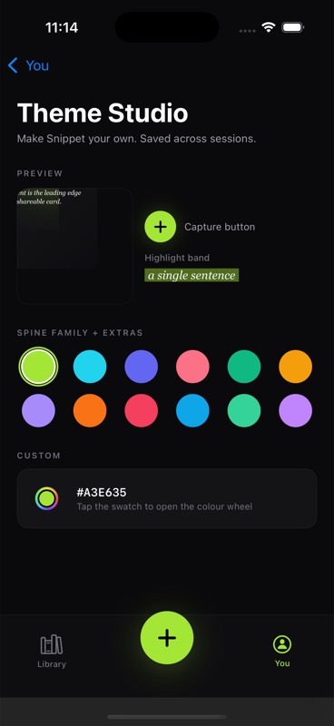 Snippet theme studio screen with accent colours